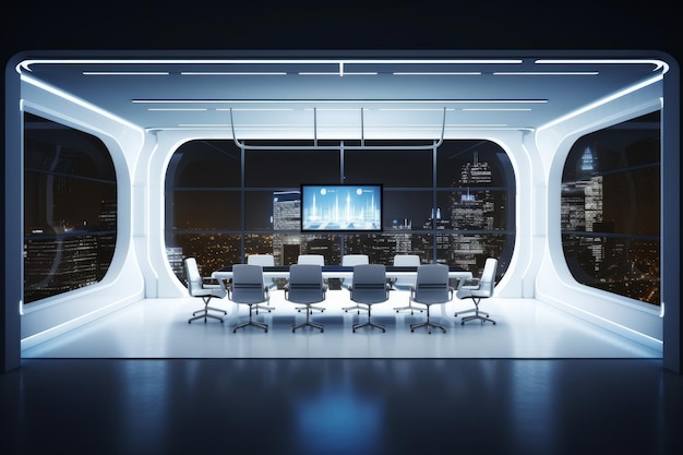 Futuristische vergaderruimte met blanco wandplasma en nachtzicht op de stad 3D rendering mockup