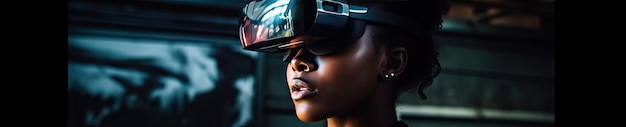 Futuristische verkenning met een vrouw in een GPS-bril die een levendig wazig stadsbeeld ervaart in virtual reality AI generative