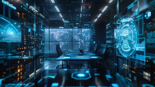 Futuristische virtuele realiteitswerkruimte met meerdere computerschermen