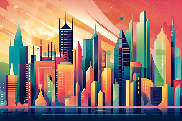 Futuristische visie van de skyline van een stad met levendige kleuren Abstracte platte illustratie Generatieve AI