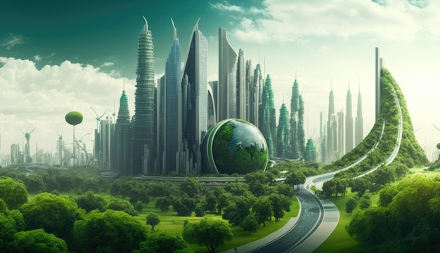 Futuristische vriendelijke ecologie megastad gebouwen en torens groene omgeving stad Generatieve AI