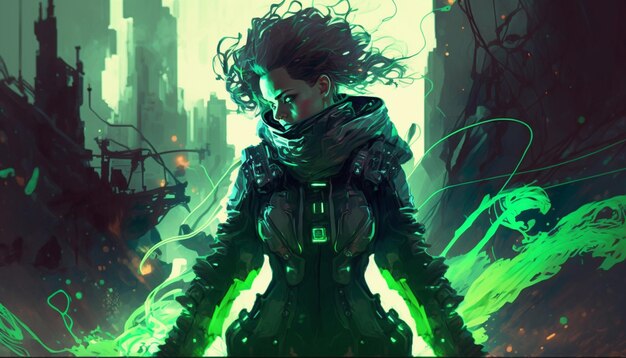 Futuristische vrouw in een sci-fi pak met gloeiende groene lichten generatieve ai