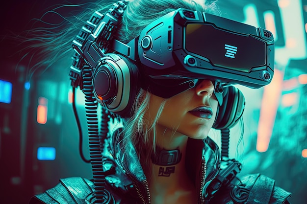 Futuristische vrouw in virtual reality-bril op de achtergrond van een neonstad Cyberpunk retrowave synthwave high definition art generatieve kunstmatige intelligentie