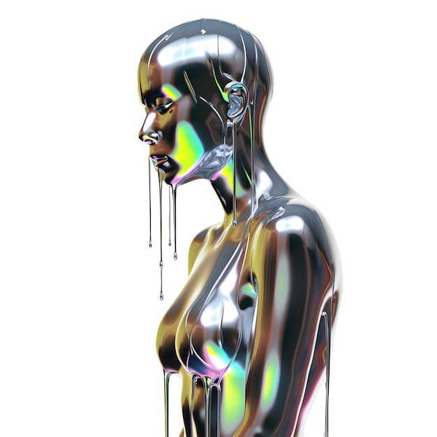 Futuristische vrouwelijke mannequin van vloeibaar holografisch metaal met druppelend gesmolten chroom Y2K transparant png Generative Ai