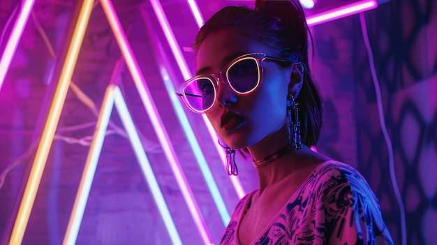 Futuristische vrouwelijke modeshoot ontwerpen in Cyberpunk Neon Hues en Futuristic Purple Palette