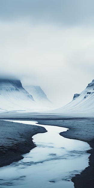 Foto futuristische watervallei in de winter gelaagde beelden met subtiele ironie