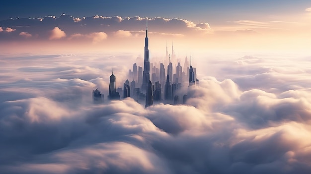 Futuristische wolkenkrabbers die door de wolken dringen