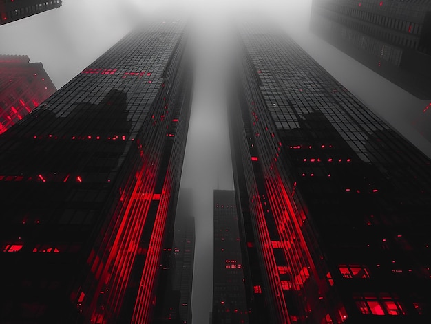 Futuristische wolkenkrabbers in mist met rode neonlichten
