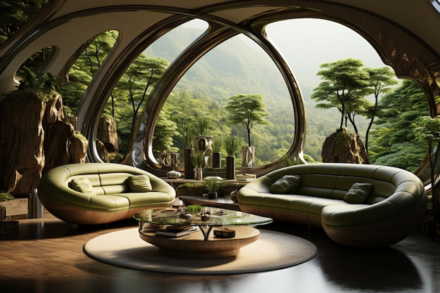 Futuristische woonkamer met ecologisch concept en natuurlijke groene kleur