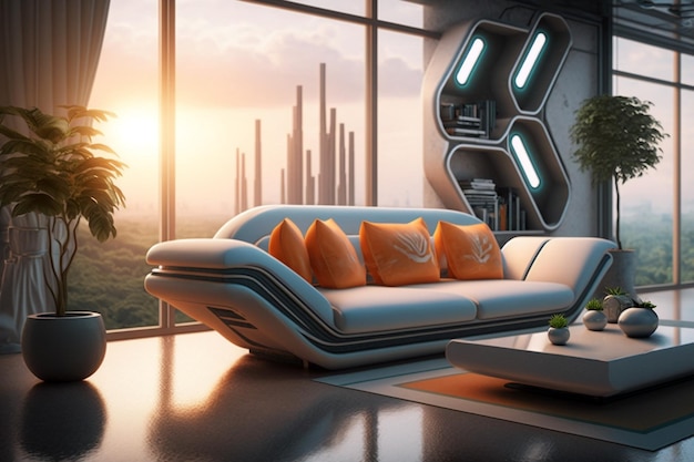 Futuristische woonkamer met futuristische bankplant en tafel Generatief ai concept