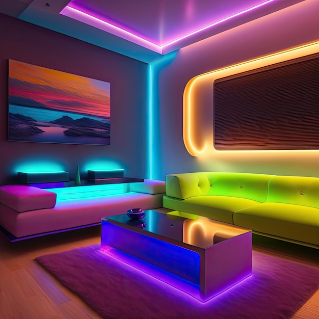 Futuristische woonkamer met neonverlichting