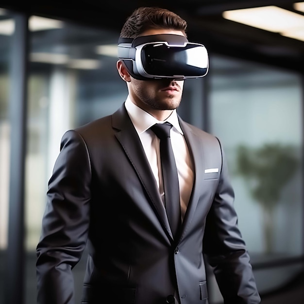 Futuristische zakenman die in een pak staat met een virtuele realiteitsbril op zijn hoofd gegenereerd door AI