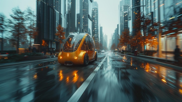 Futuristische zelfrijdende bestelwagen die manoeuvreert in het stedelijk landschap