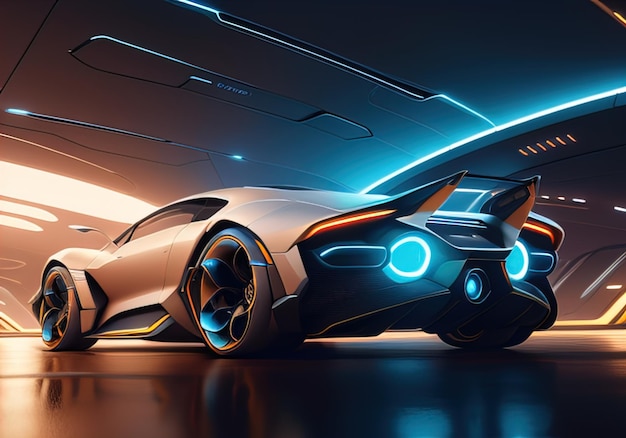 Futuristische zwarte sportwagen in neonlicht ai generatief