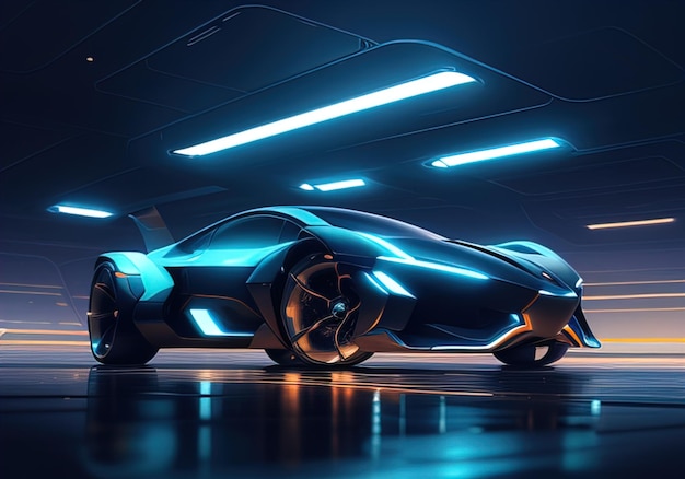 Futuristische zwarte sportwagen in neonlicht ai generatief