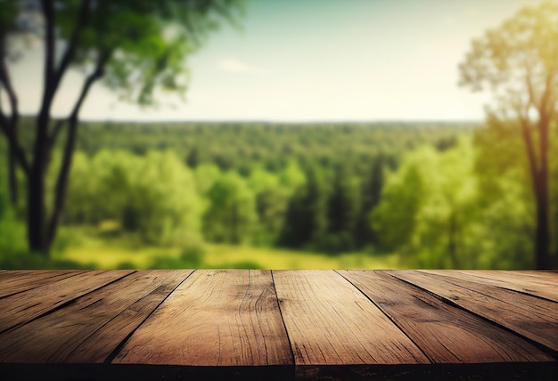 曖昧な森の背景と庭の木製テーブルトップの部分的な風景