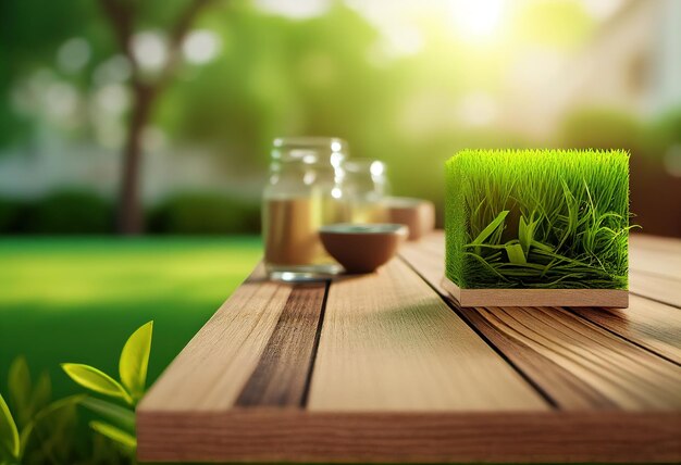 Fuzzy forest background and partial landscape of garden wooden tabletop