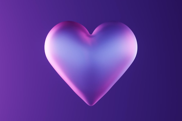 Fuzzy glass heart with neon lighting on a blue and purple gradient background minimal love
