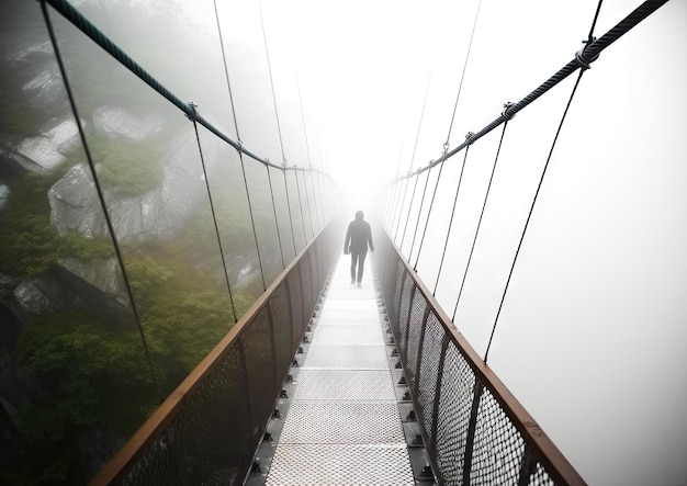 Fuzzy man walking on hanging bridge vanishing in fog focus on middle of bridge
