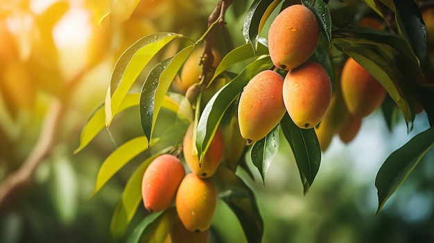 A fuzzy mango garden is in the backdrop as a bunch of mangoes hang from a tree Generative AI