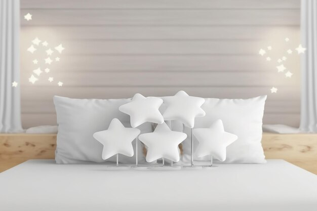 Over a fuzzy modern wooden bedroom with a bed sofa and white architecture interior design concept drawing is a white table desk or shelf with five soft white pillows in the shapes of stars or flowers