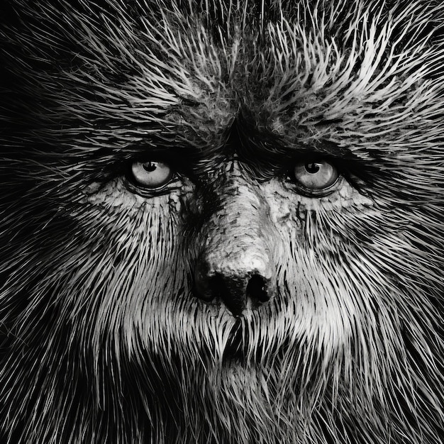 Photo fuzzy monkey realistic hyperdetailed portrait in black and white