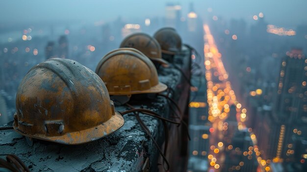 A fuzzy setting of an a city over an array of hard helmets poised atop a cement wall Generative AI