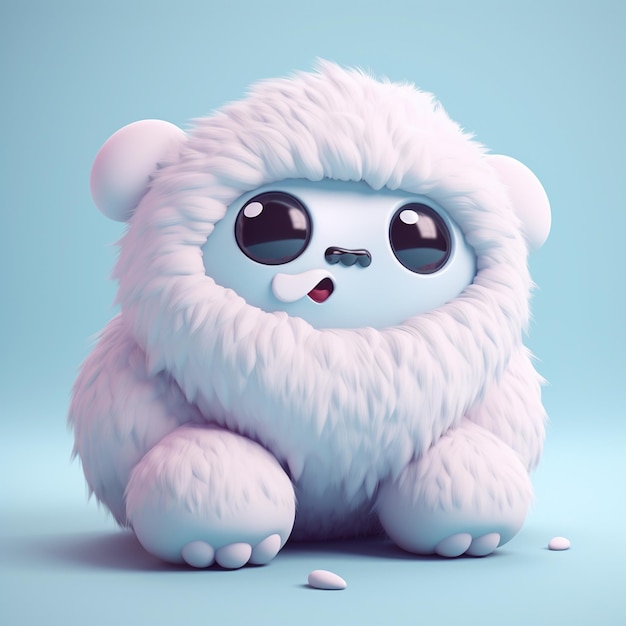 A fuzzy white bear with a big furry face sits on a blue background.