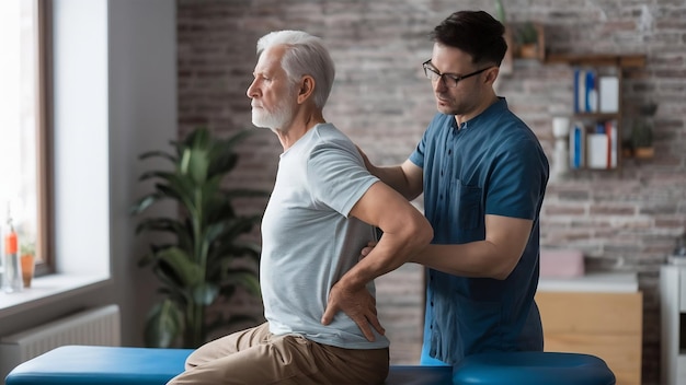 Fysiotherapeut helpt zijn patiënt zijn houding te corrigeren om rugpijn te voorkomen