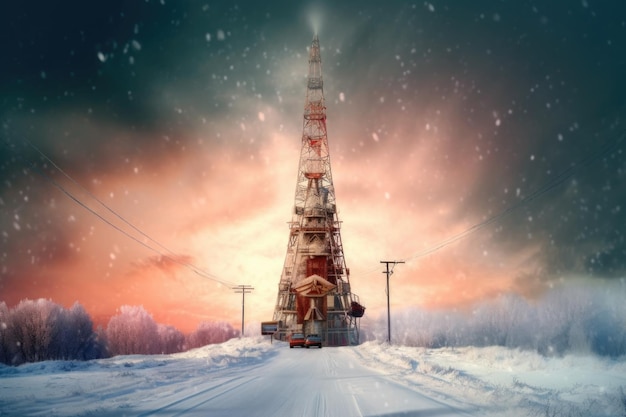 Башня G, покрытая снегом зимой, созданная с помощью генеративной AI