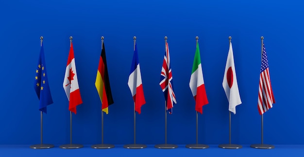 7 つの G7 グループのメンバーの G7 サミット フラグと国とヨーロッパ フラグ グループ オブ セブンのリスト