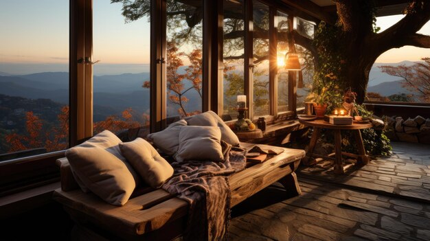 ga bij het raam zitten en bekijk het uitzicht op de bergen in de plattelandsvilla bij zonsopgang