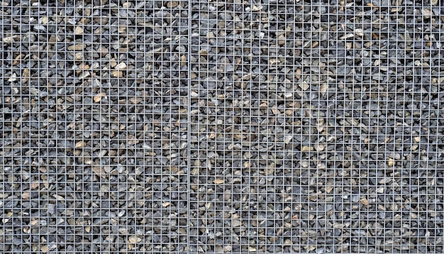 Gabion met hopen kleine stenen in een raster als de gestructureerde achtergrond van de stads- of tuindecoratie