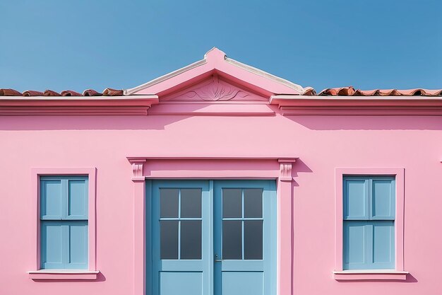 Gable house front view with pink wall and blue sky minimal concept