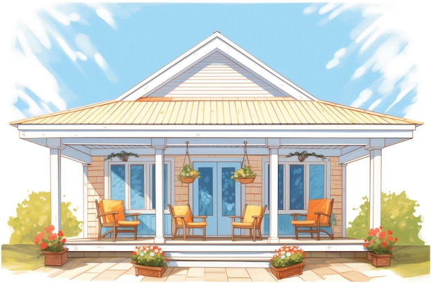 晴れた日の雑誌のスタイルのイラストで,ギリシャのリバイバル様式の玄関のゲーブル屋根