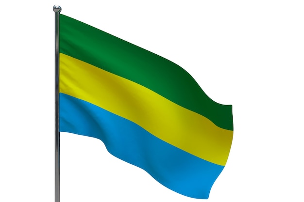 Gabon flag on pole. Metal flagpole. National flag of Gabon 3D illustration on white