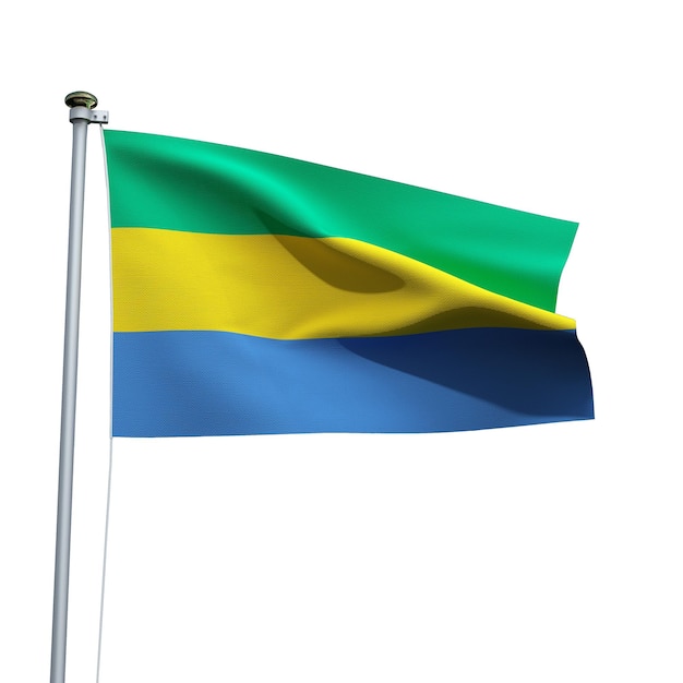 gabon flag on a pole waving isolated on white background