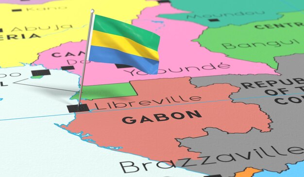 Foto bandiera nazionale del gabon libreville appuntata sulla mappa politica illustrazione 3d