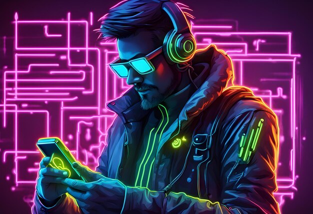 gadget user cyber communication man phone neon