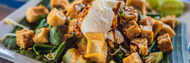 Gadogado indonesian salad served with peanut sauce ingredients tofu spinach string beans soy sprouts