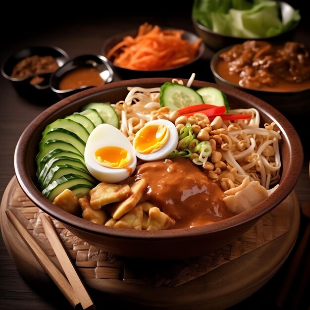 Photo gadogado indonesian traditional food mix from boiled or steam vegetable served with peanut sauce