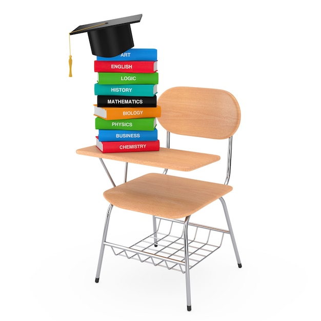 白い背景の上の椅子が付いている木製の講義学校または大学の机のテーブルの上に色付きの教科書のスタックが付いているGaduation帽子。 3Dレンダリング