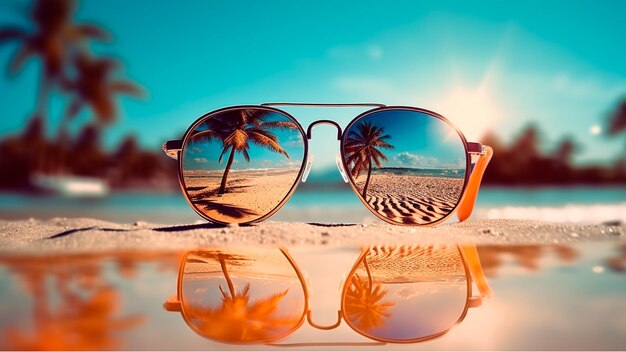 Gafas de sol oscuras tiradas en la arena con vistas al mar en verano