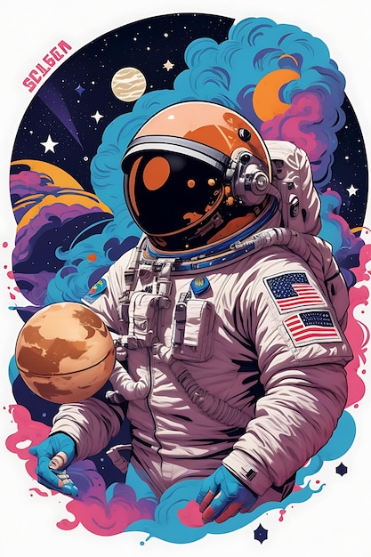 Galactic astronaut vibrant tshirt design with japanese streetwear flair