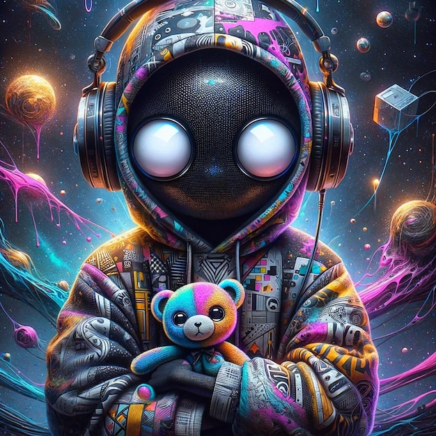 Galactic Beats Astronaut with Headphones and Teddy Bear