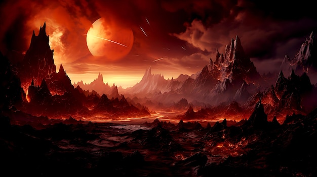 Galactic fantasy landscape Fiery landscape of the planet