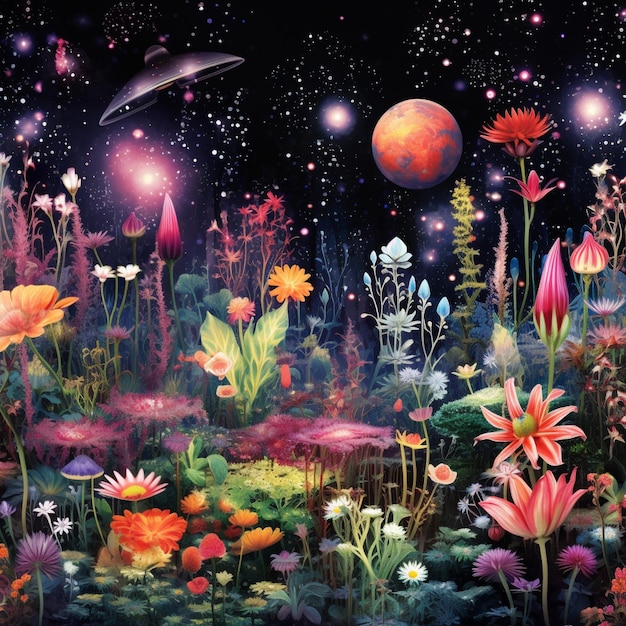 Galactic Gardens Een samensmelting van planten en bloemen met patronen met een ruimtethema