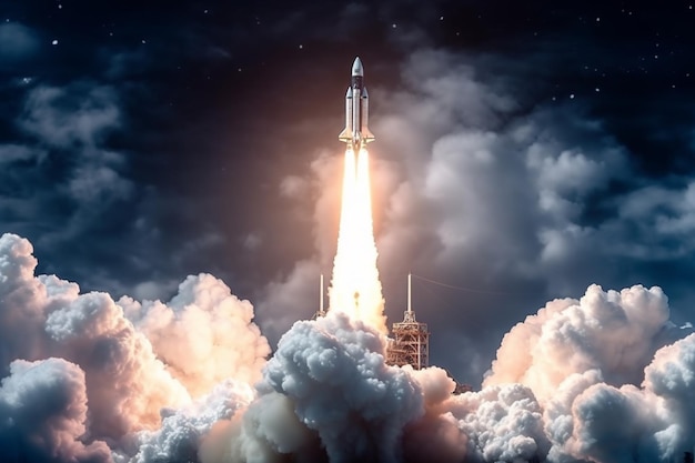 Galactic launch Rocket ship takes flight amidst celestial marvels