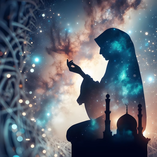 Galactic Muslim Silhouette Dreamy Double Exposure Background