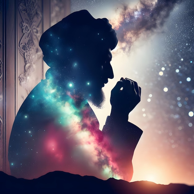 Galactic Muslim Silhouette Dreamy Double Exposure Background